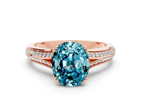 Rose gold Oval Cut Blue Topaz Split Shank Engagement Ring with Pavé Band