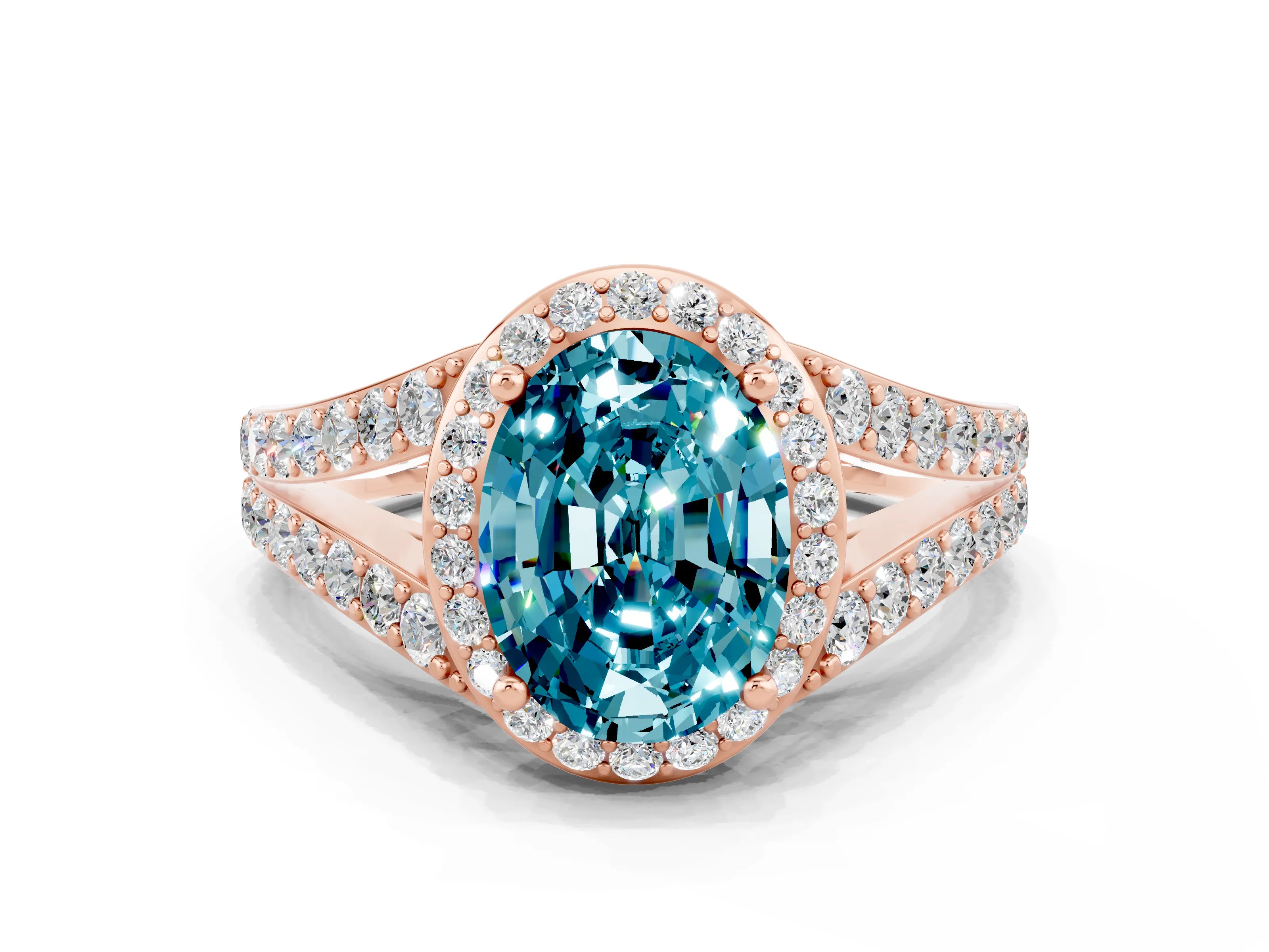 Rose gold Oval Cut Blue Topaz Split Shank Halo Ring with Four-Prong Setting_12