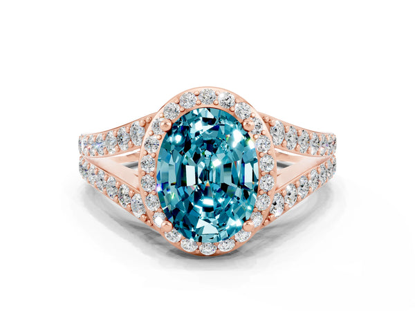 Rose gold Oval Cut Blue Topaz Split Shank Halo Ring with Four-Prong Setting