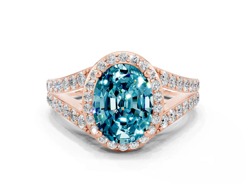 Rose gold Oval Cut Blue Topaz Split Shank Halo Ring with Four-Prong Setting_12