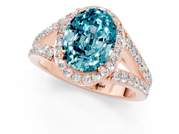 Rose gold Oval Cut Blue Topaz Split Shank Halo Ring with Four-Prong Setting
