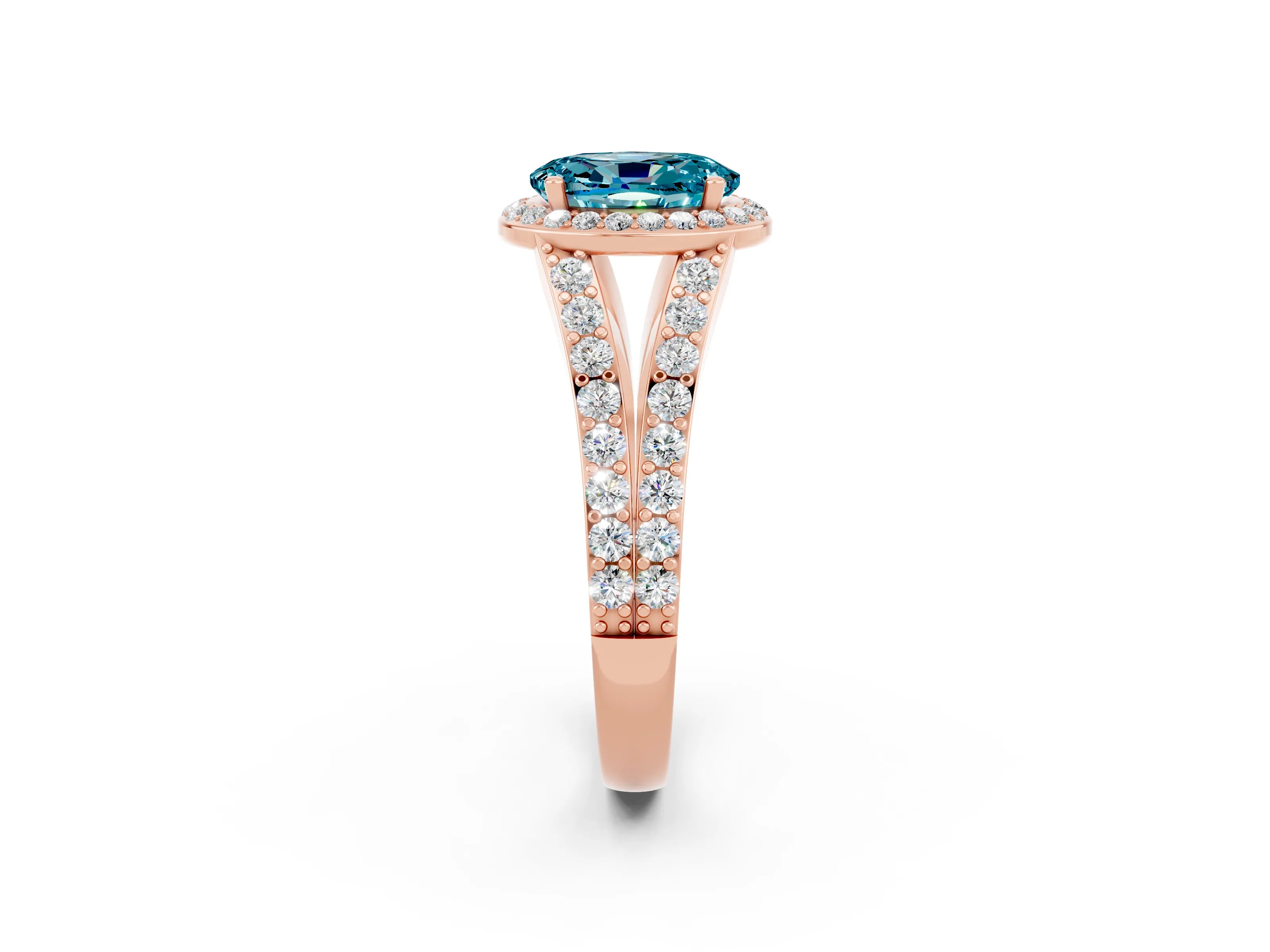Rose gold Oval Cut Blue Topaz Split Shank Halo Ring with Four-Prong Setting_14