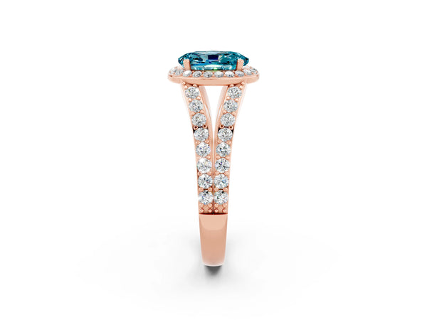 Rose gold Oval Cut Blue Topaz Split Shank Halo Ring with Four-Prong Setting