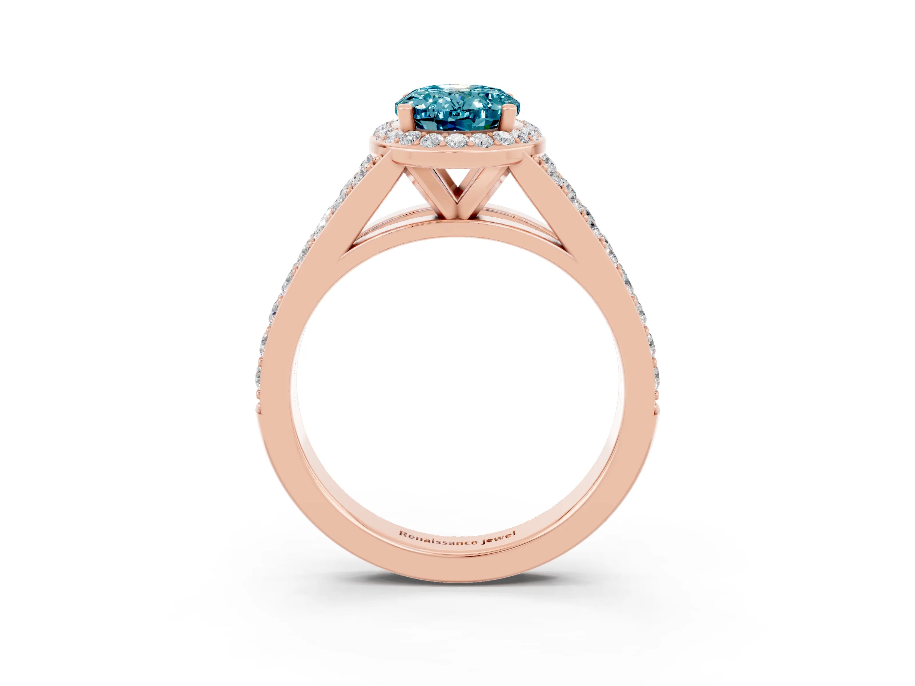 Rose gold Oval Cut Blue Topaz Split Shank Halo Ring with Four-Prong Setting_15