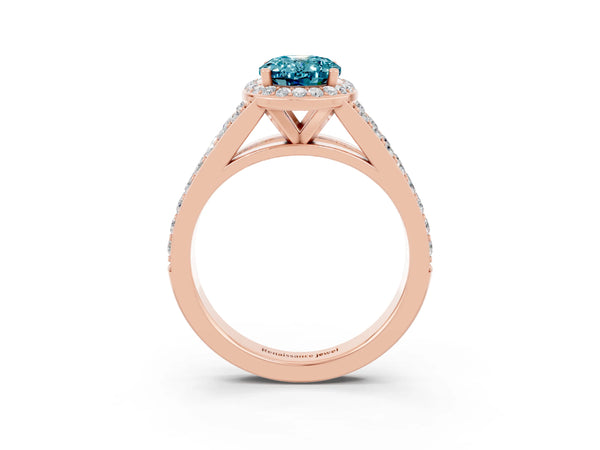 Rose gold Oval Cut Blue Topaz Split Shank Halo Ring with Four-Prong Setting