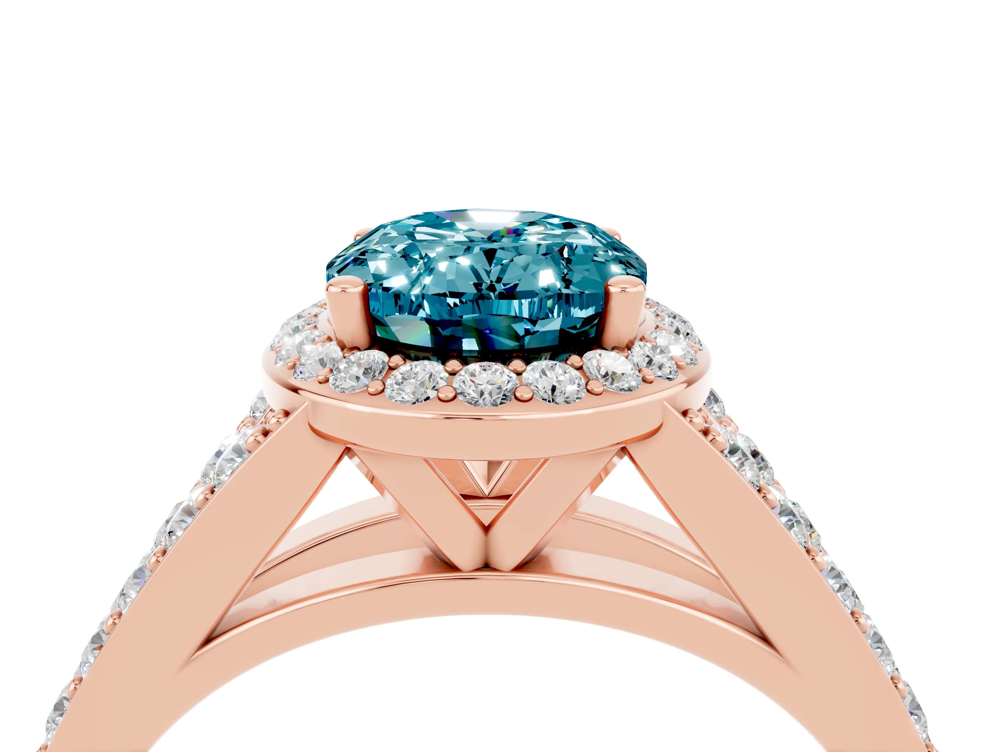 Rose gold Oval Cut Blue Topaz Split Shank Halo Ring with Four-Prong Setting_16