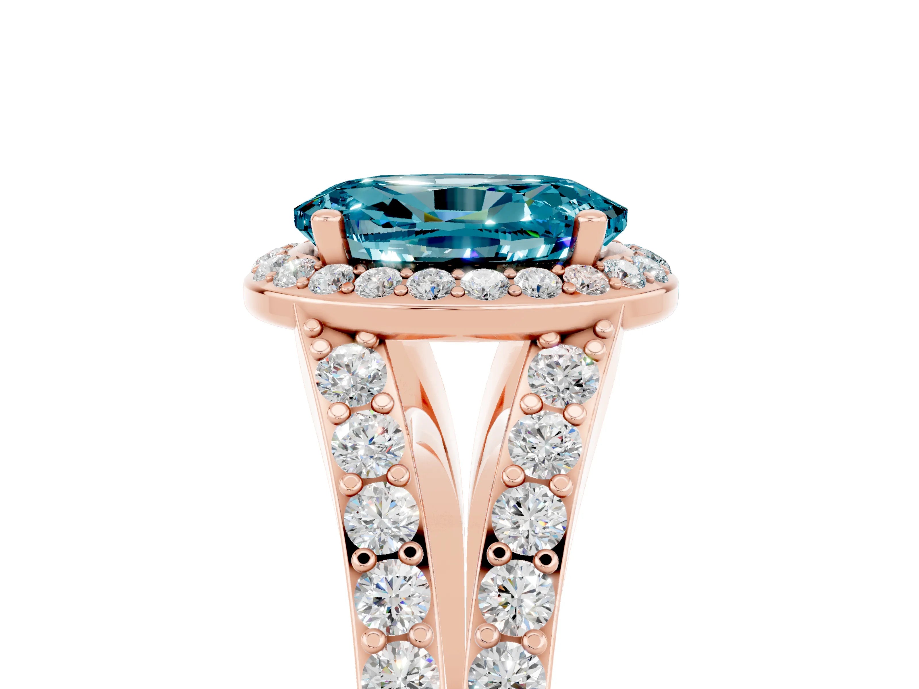 Rose gold Oval Cut Blue Topaz Split Shank Halo Ring with Four-Prong Setting_17