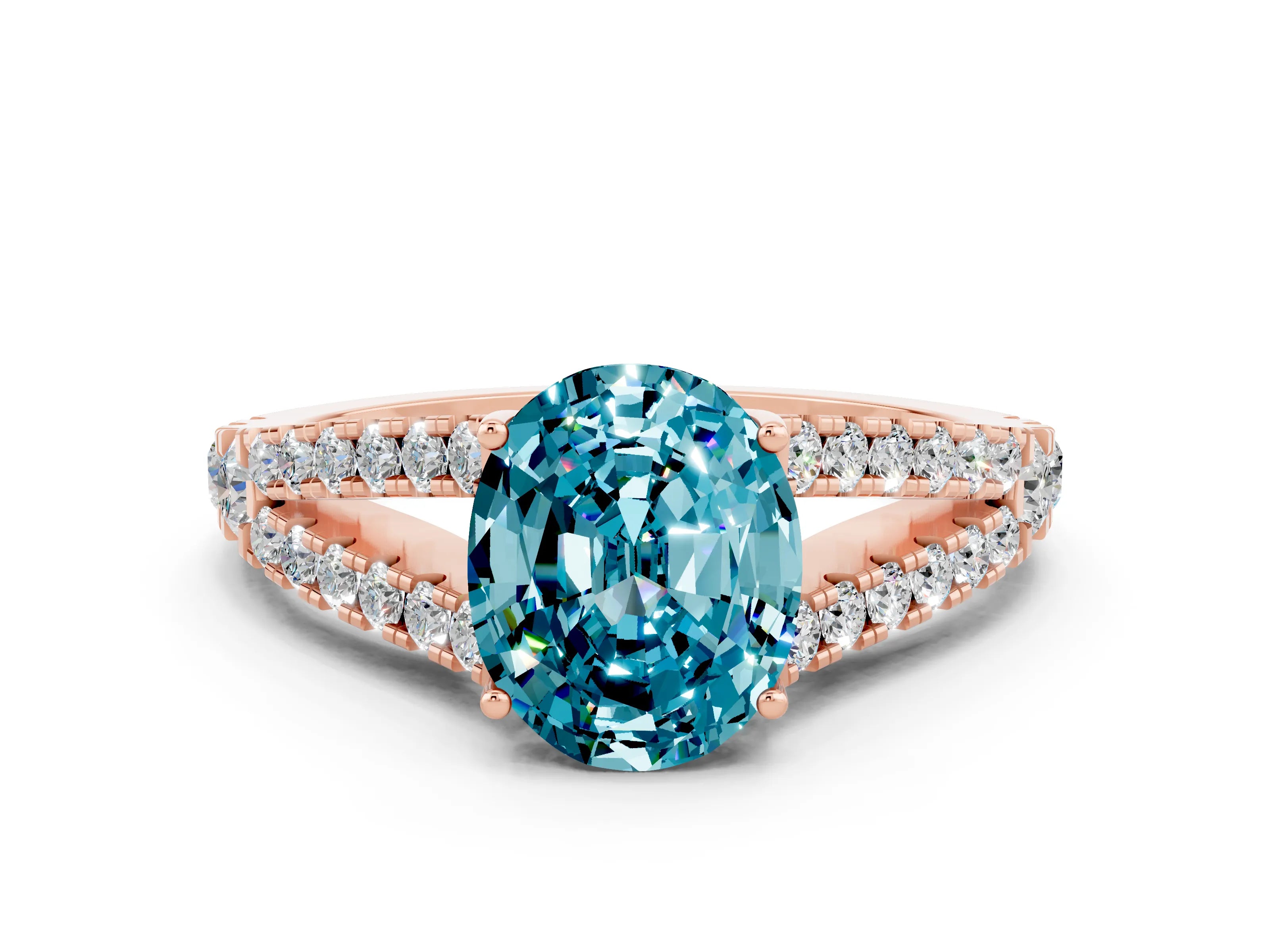 Rose gold Oval Cut Blue Topaz Split Shank Pavé Engagement Ring with Four-Prong Setting_32
