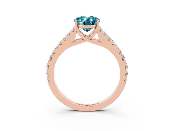 Rose gold Oval Cut Blue Topaz Split Shank Pavé Engagement Ring with Four-Prong Setting
