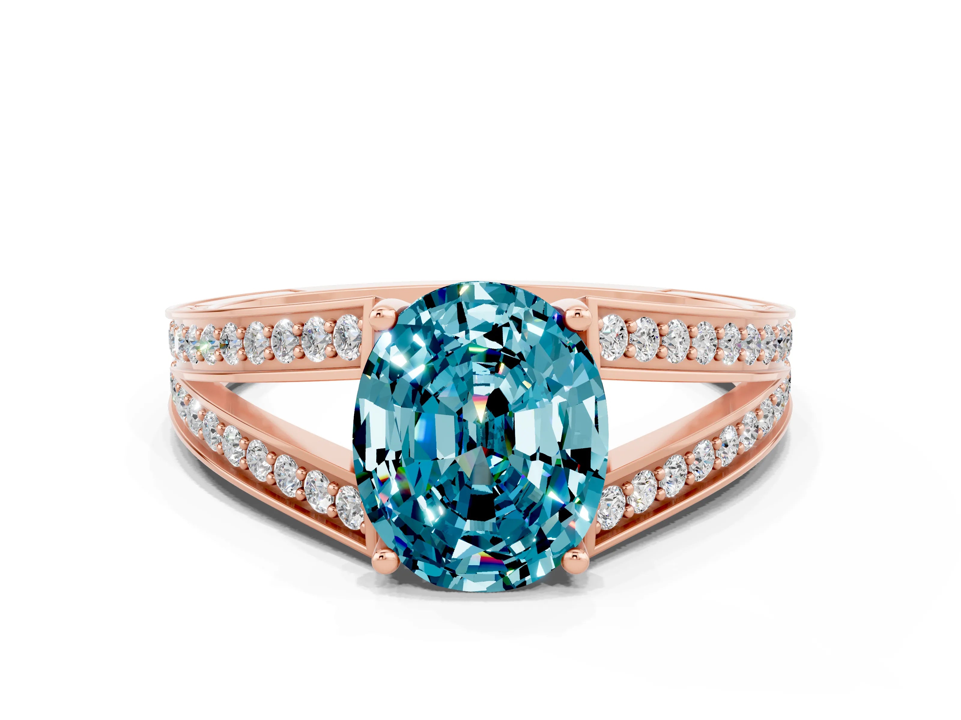 Rose gold Oval Cut Blue Topaz Split Shank Ring with Pavé Band and Four-Prong Setting