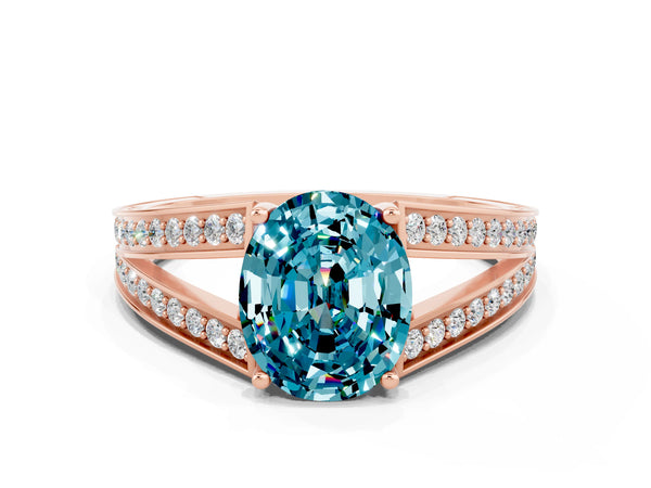 Rose gold Oval Cut Blue Topaz Split Shank Ring with Pavé Band and Four-Prong Setting
