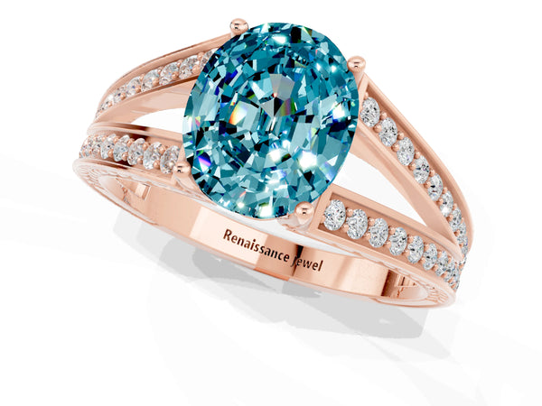 Rose gold Oval Cut Blue Topaz Split Shank Ring with Pavé Band and Four-Prong Setting