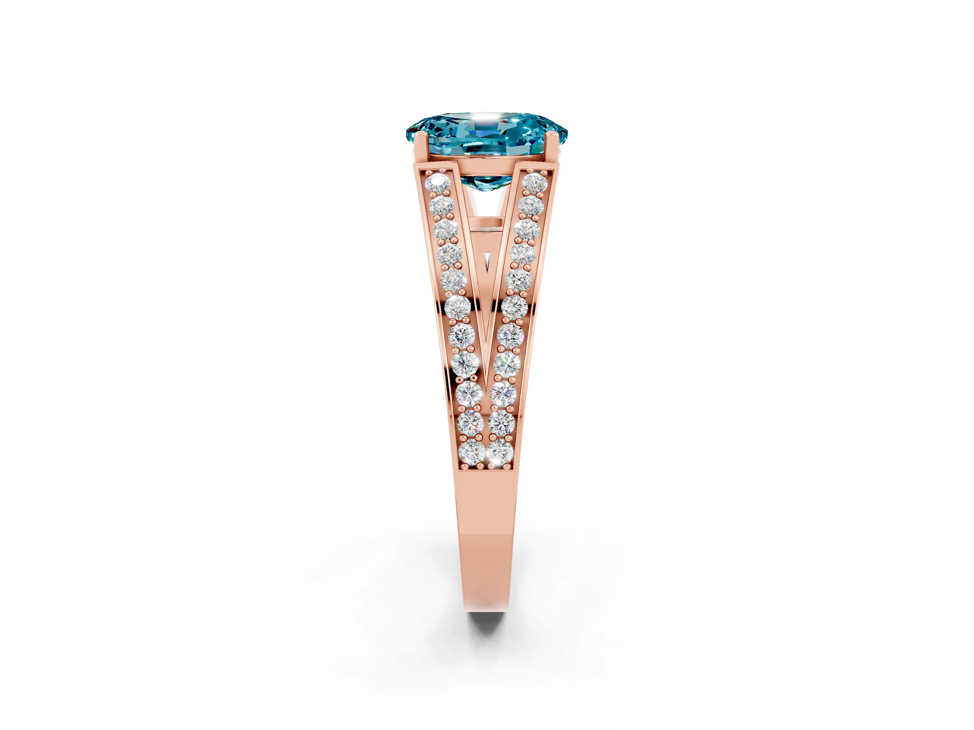 Rose gold Oval Cut Blue Topaz Split Shank Ring with Pavé Band and Four-Prong Setting_2