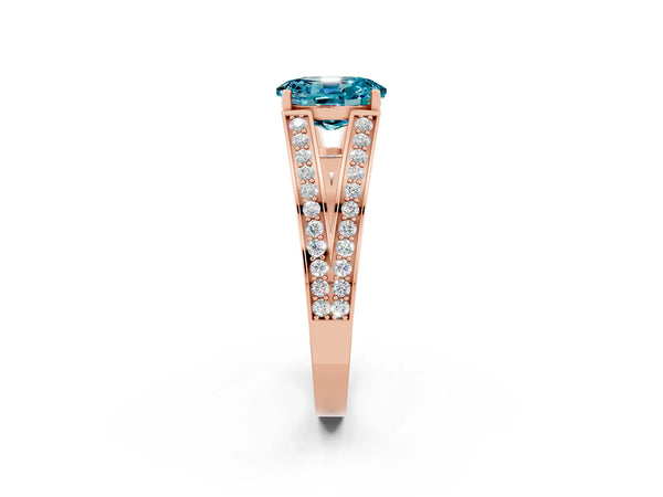 Rose gold Oval Cut Blue Topaz Split Shank Ring with Pavé Band and Four-Prong Setting