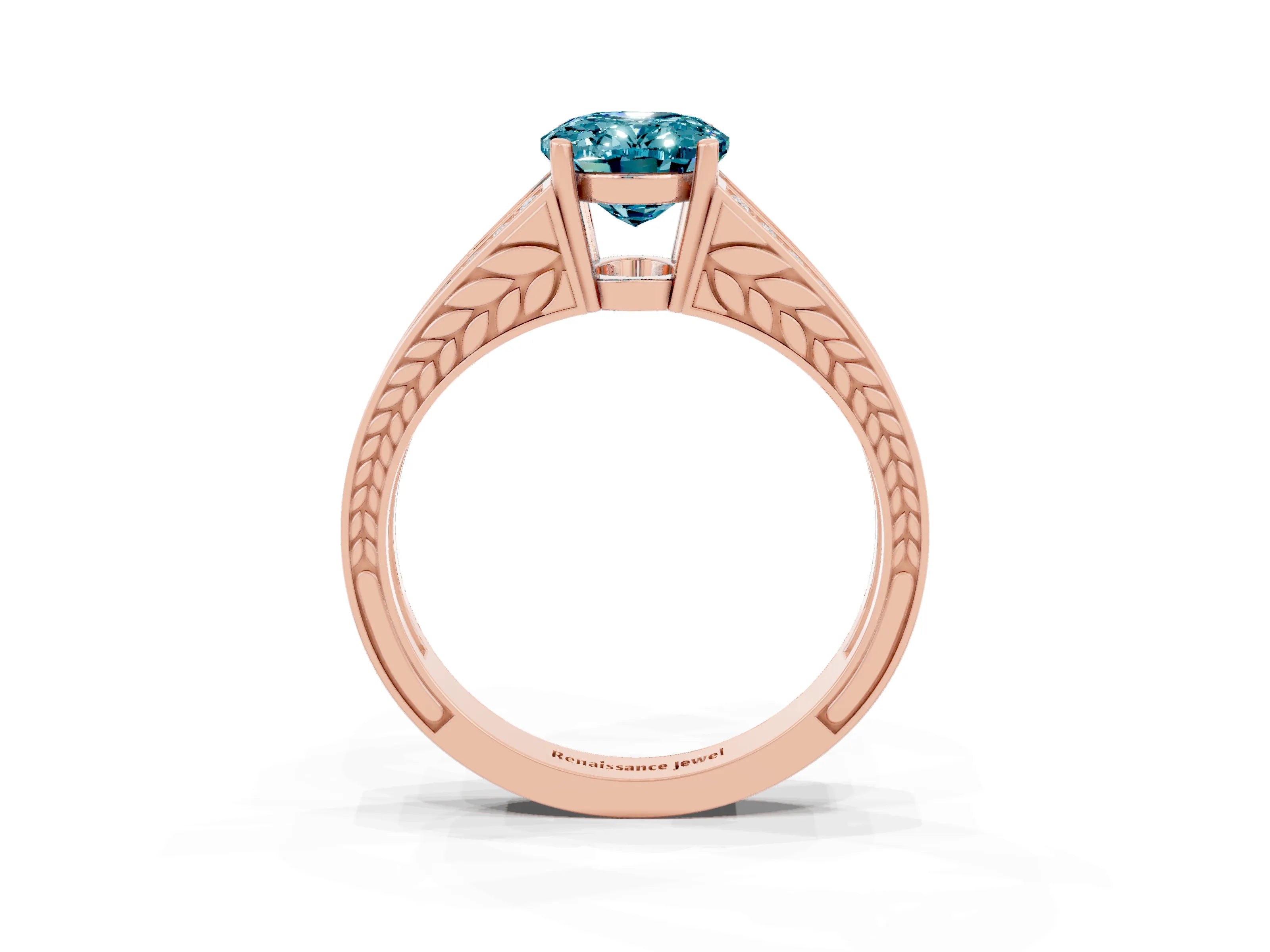 Rose gold Oval Cut Blue Topaz Split Shank Ring with Pavé Band and Four-Prong Setting_3