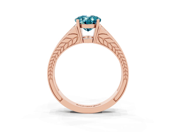 Rose gold Oval Cut Blue Topaz Split Shank Ring with Pavé Band and Four-Prong Setting