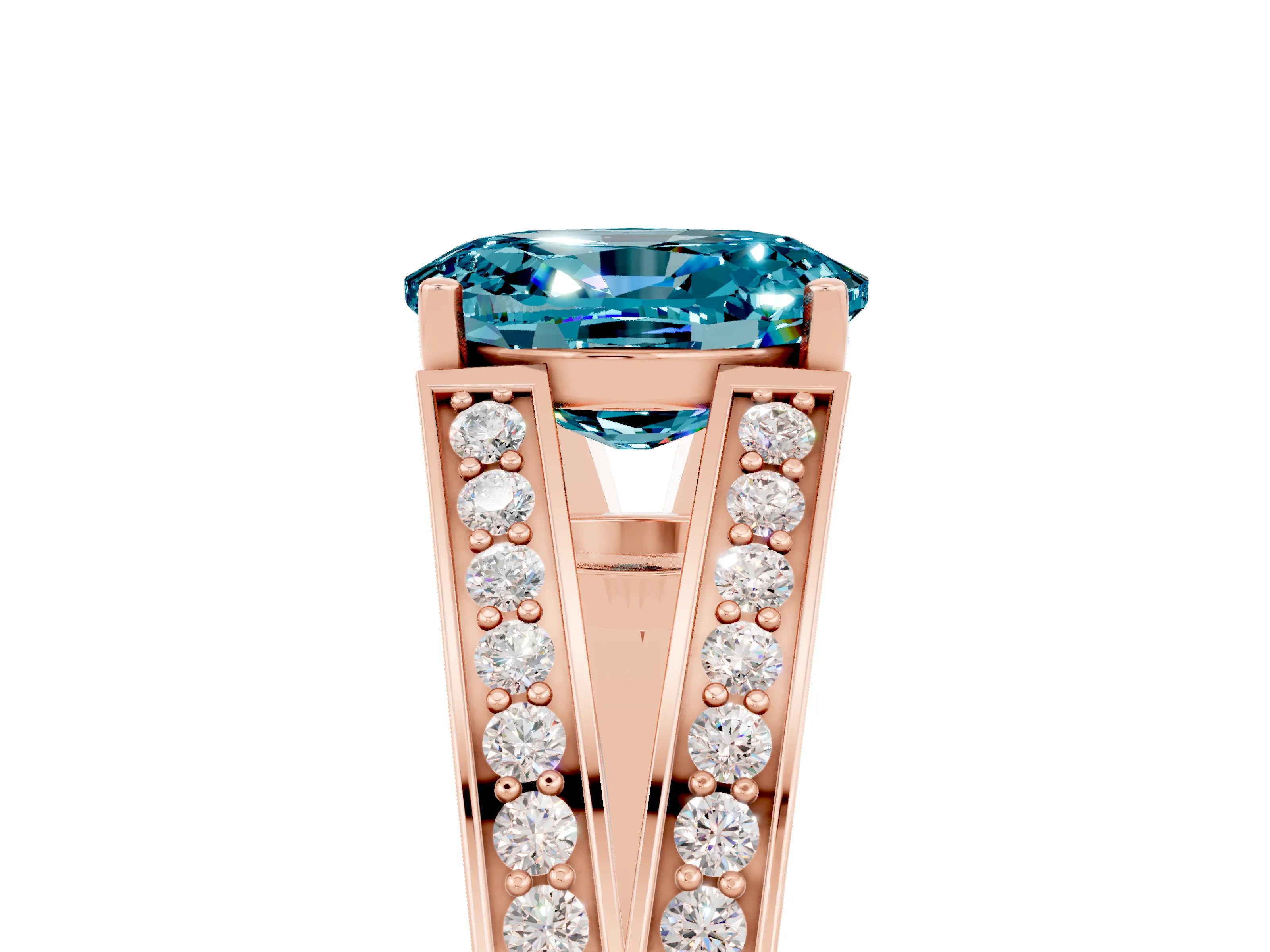 Rose gold Oval Cut Blue Topaz Split Shank Ring with Pavé Band and Four-Prong Setting_5