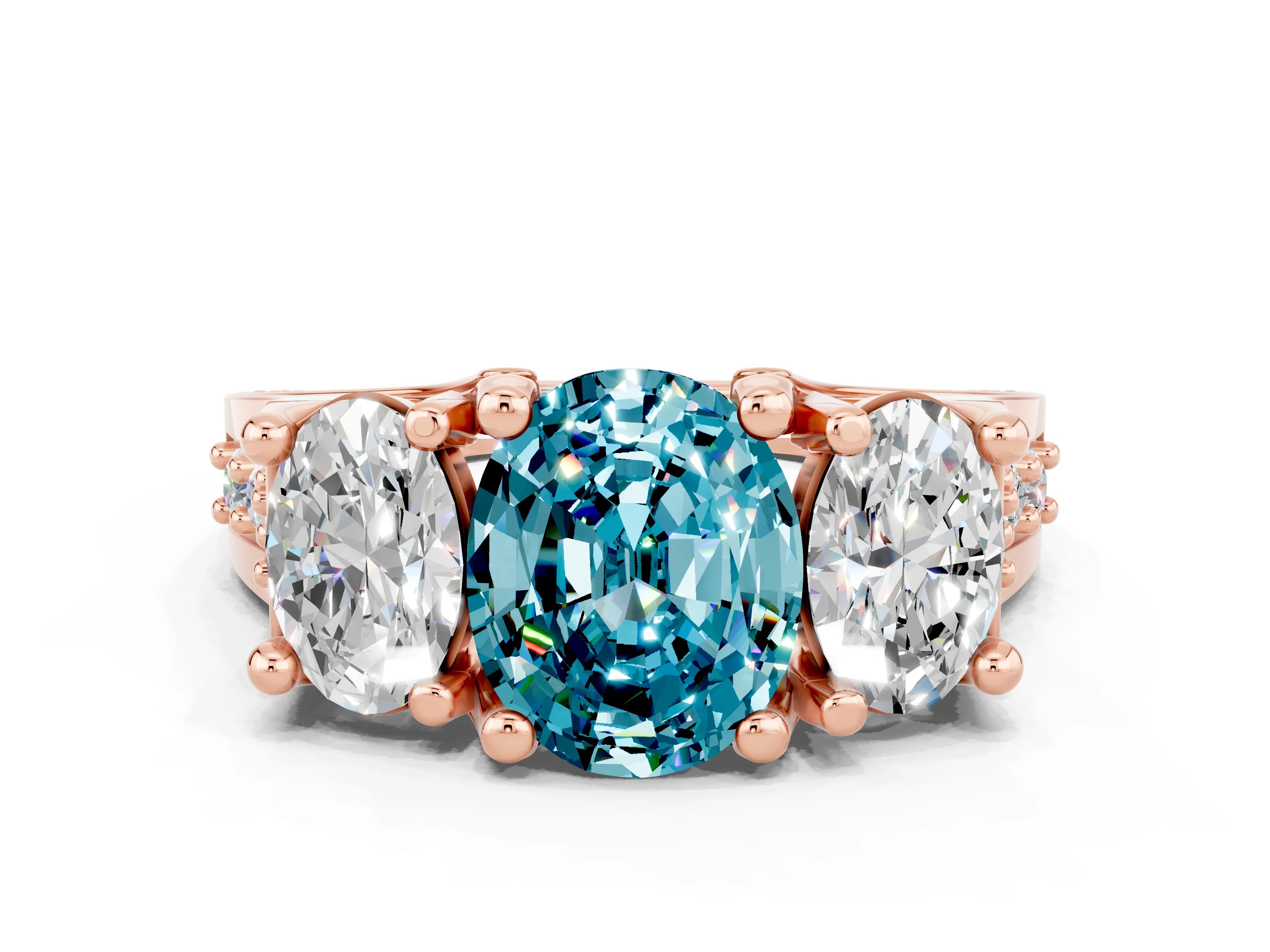 Rose gold Oval Cut Blue Topaz Three-Stone Ring with Channel Set Band and Four-Prong Setting