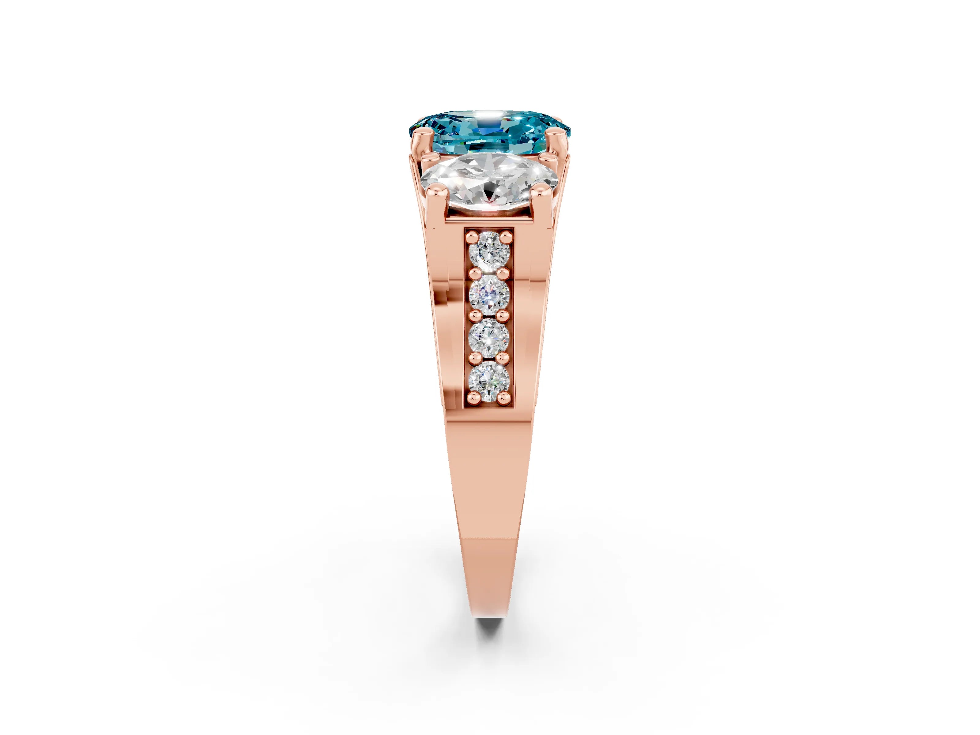 Rose gold Oval Cut Blue Topaz Three-Stone Ring with Channel Set Band and Four-Prong Setting_2