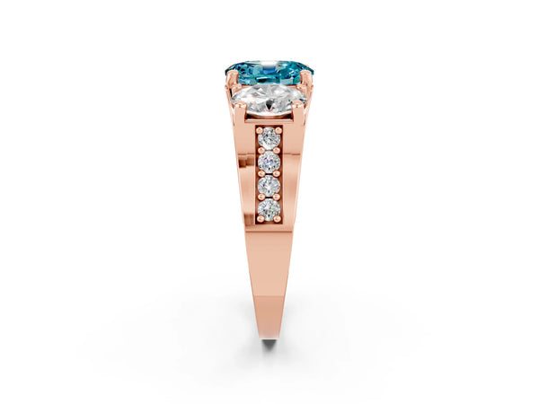 Rose gold Oval Cut Blue Topaz Three-Stone Ring with Channel Set Band and Four-Prong Setting