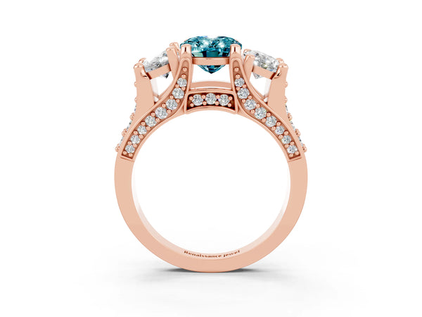 Rose gold Oval Cut Blue Topaz Three-Stone Ring with Channel Set Band and Four-Prong Setting