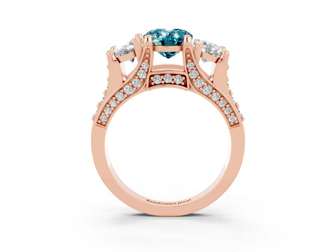 Rose gold Oval Cut Blue Topaz Three-Stone Ring with Channel Set Band and Four-Prong Setting_3