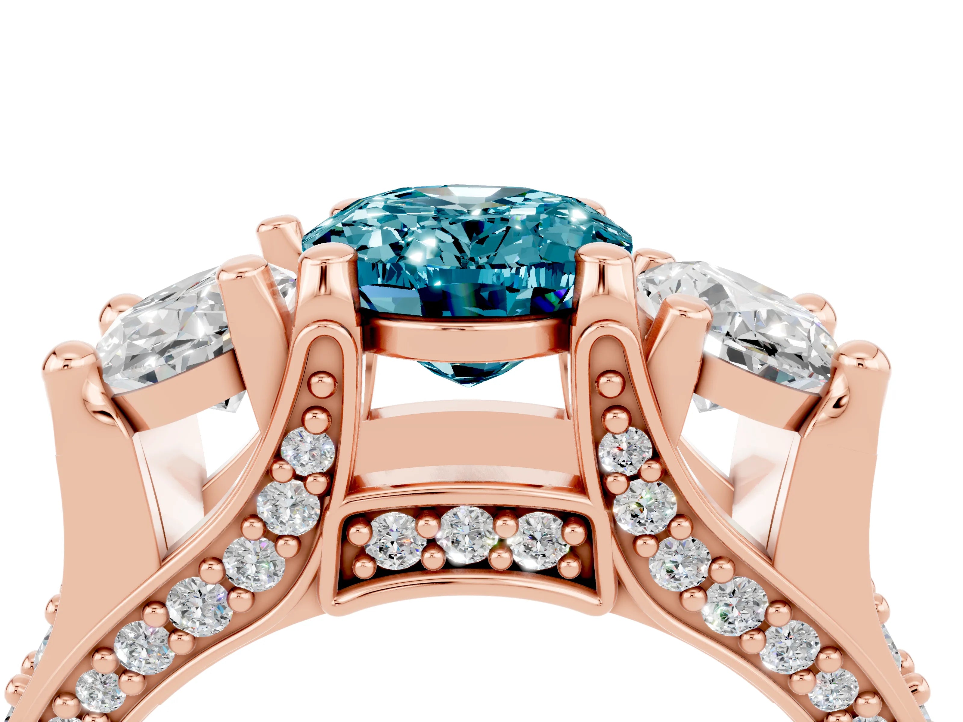 Rose gold Oval Cut Blue Topaz Three-Stone Ring with Channel Set Band and Four-Prong Setting_4