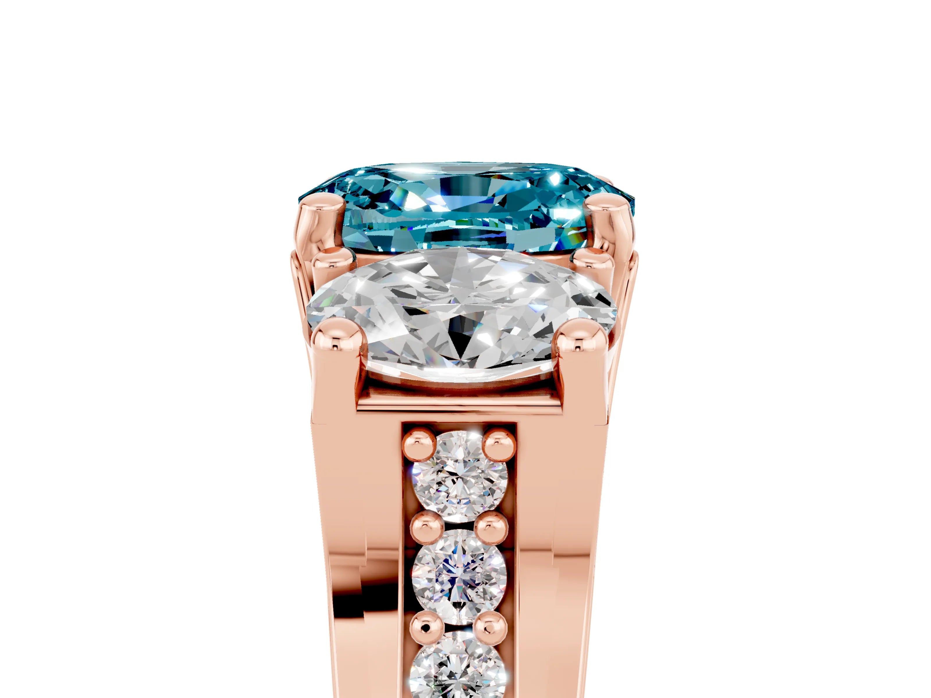 Rose gold Oval Cut Blue Topaz Three-Stone Ring with Channel Set Band and Four-Prong Setting_5