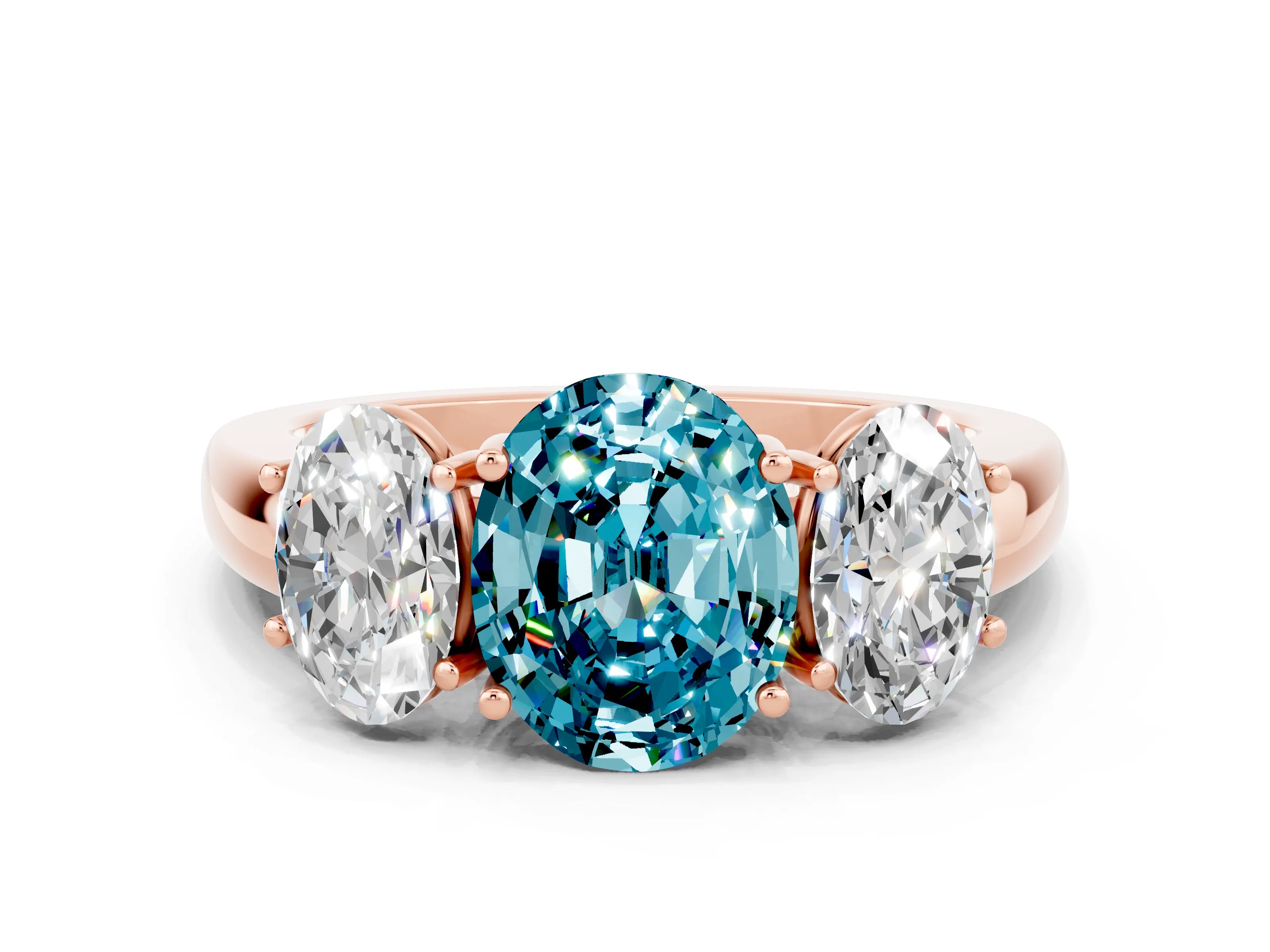 Rose gold Oval Cut Blue Topaz Three-Stone Ring with Four-Prong Setting and Classic Band