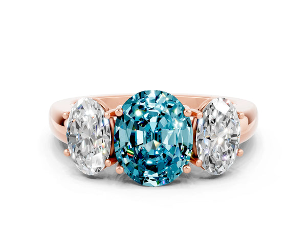 Rose gold Oval Cut Blue Topaz Three-Stone Ring with Four-Prong Setting and Classic Band