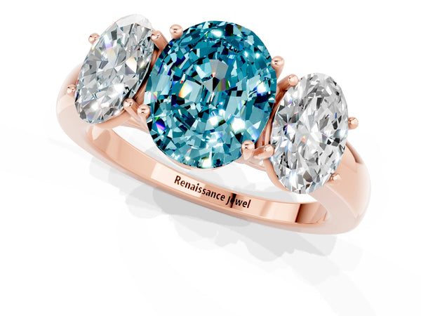Rose gold Oval Cut Blue Topaz Three-Stone Ring with Four-Prong Setting and Classic Band