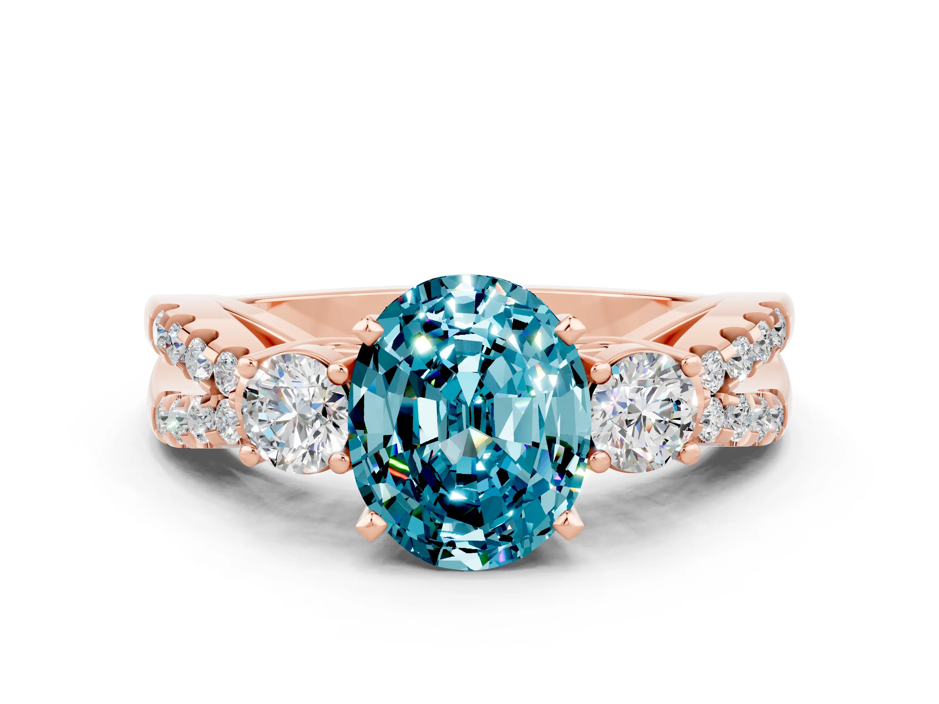 Rose gold Oval Cut Blue Topaz Three-Stone Ring with Pavé Split Shank and Four-Prong Setting_12