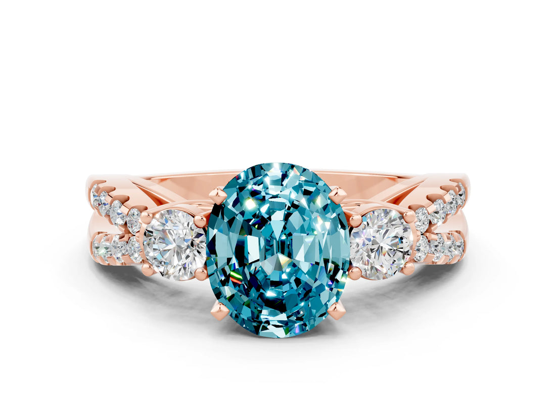 Rose gold Oval Cut Blue Topaz Three-Stone Ring with Pavé Split Shank and Four-Prong Setting_12