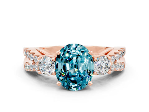 Rose gold Oval Cut Blue Topaz Three-Stone Ring with Pavé Split Shank and Four-Prong Setting_12