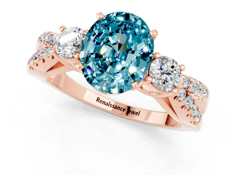 Rose gold Oval Cut Blue Topaz Three-Stone Ring with Pavé Split Shank and Four-Prong Setting_13