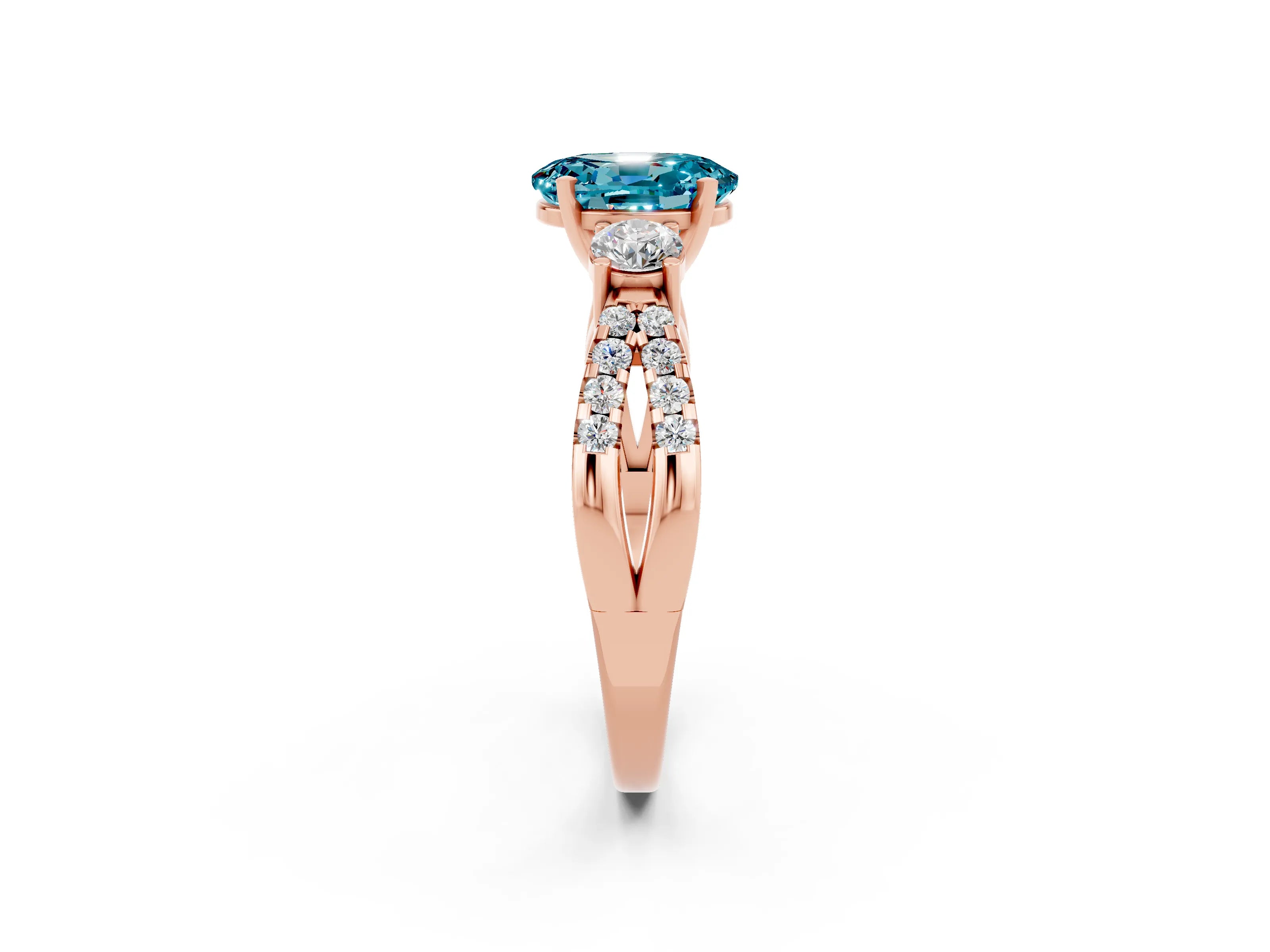Rose gold Oval Cut Blue Topaz Three-Stone Ring with Pavé Split Shank and Four-Prong Setting_14