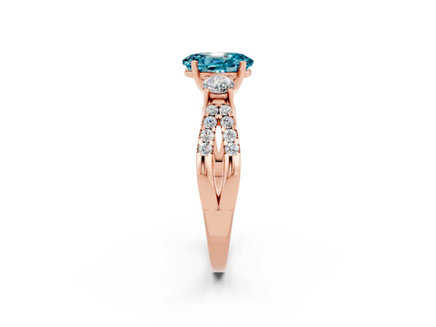 Rose gold Oval Cut Blue Topaz Three-Stone Ring with Pavé Split Shank and Four-Prong Setting_14
