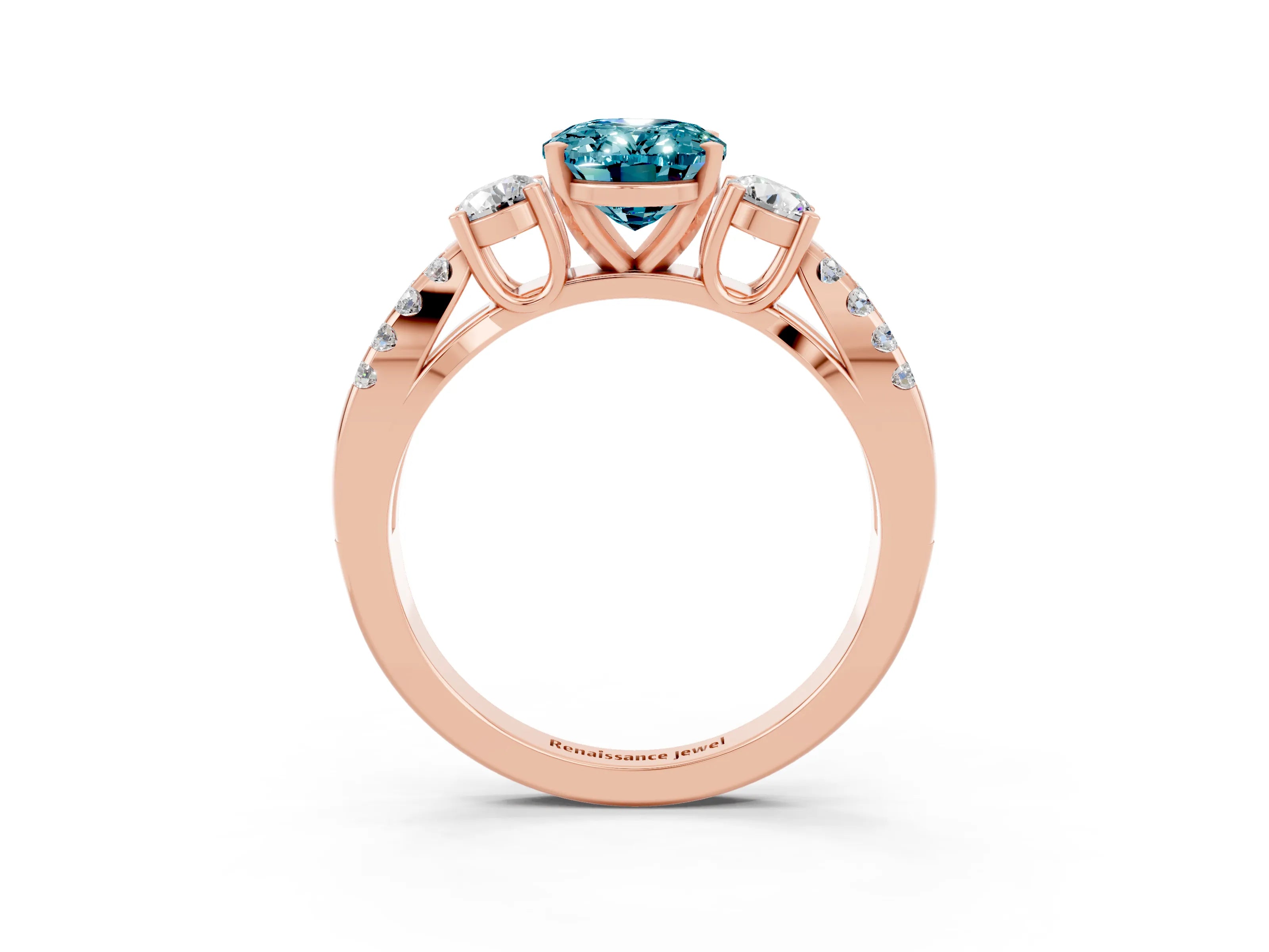Rose gold Oval Cut Blue Topaz Three-Stone Ring with Pavé Split Shank and Four-Prong Setting_15