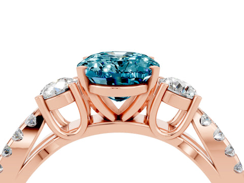 Rose gold Oval Cut Blue Topaz Three-Stone Ring with Pavé Split Shank and Four-Prong Setting_16