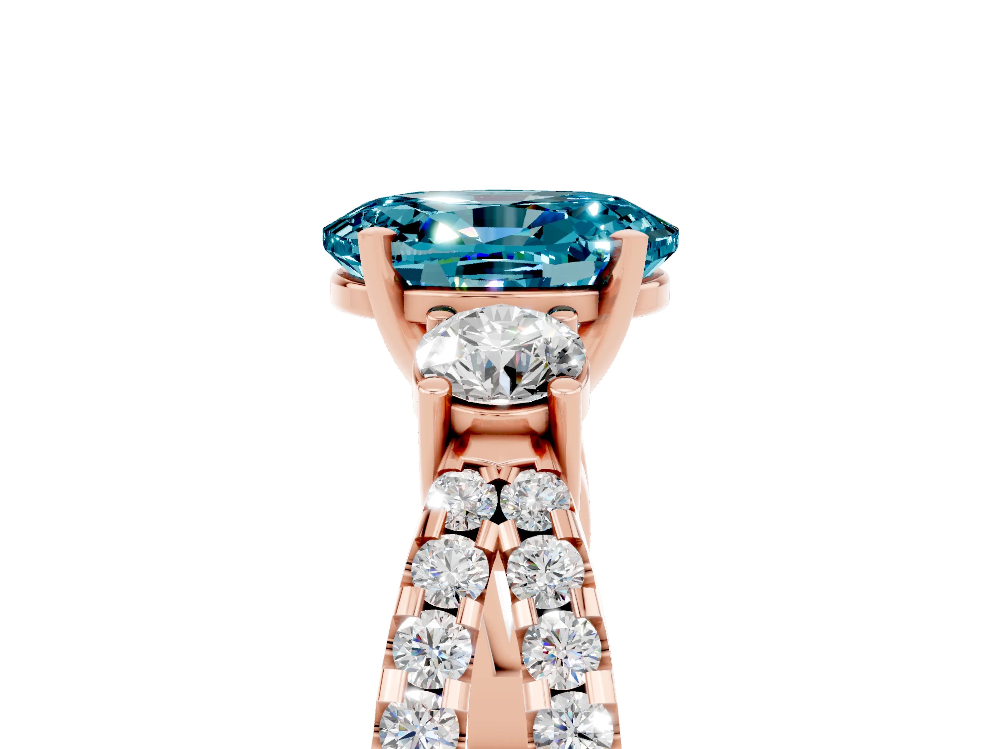Rose gold Oval Cut Blue Topaz Three-Stone Ring with Pavé Split Shank and Four-Prong Setting_17
