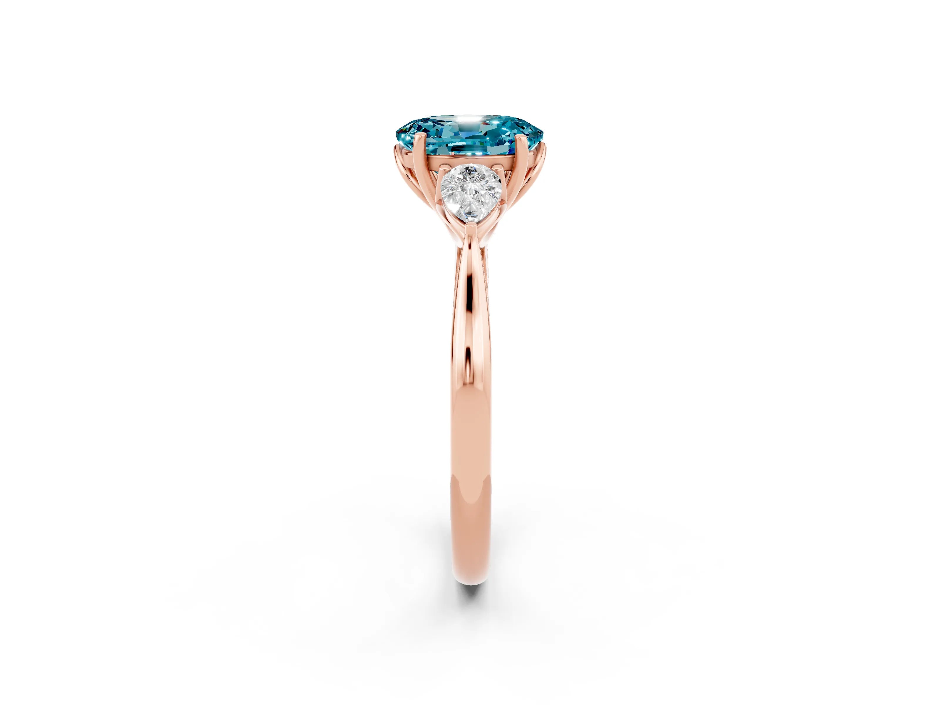 Rose gold Oval Cut Blue Topaz Three-Stone Ring with Pear Side Stones and Four-Prong Setting_14