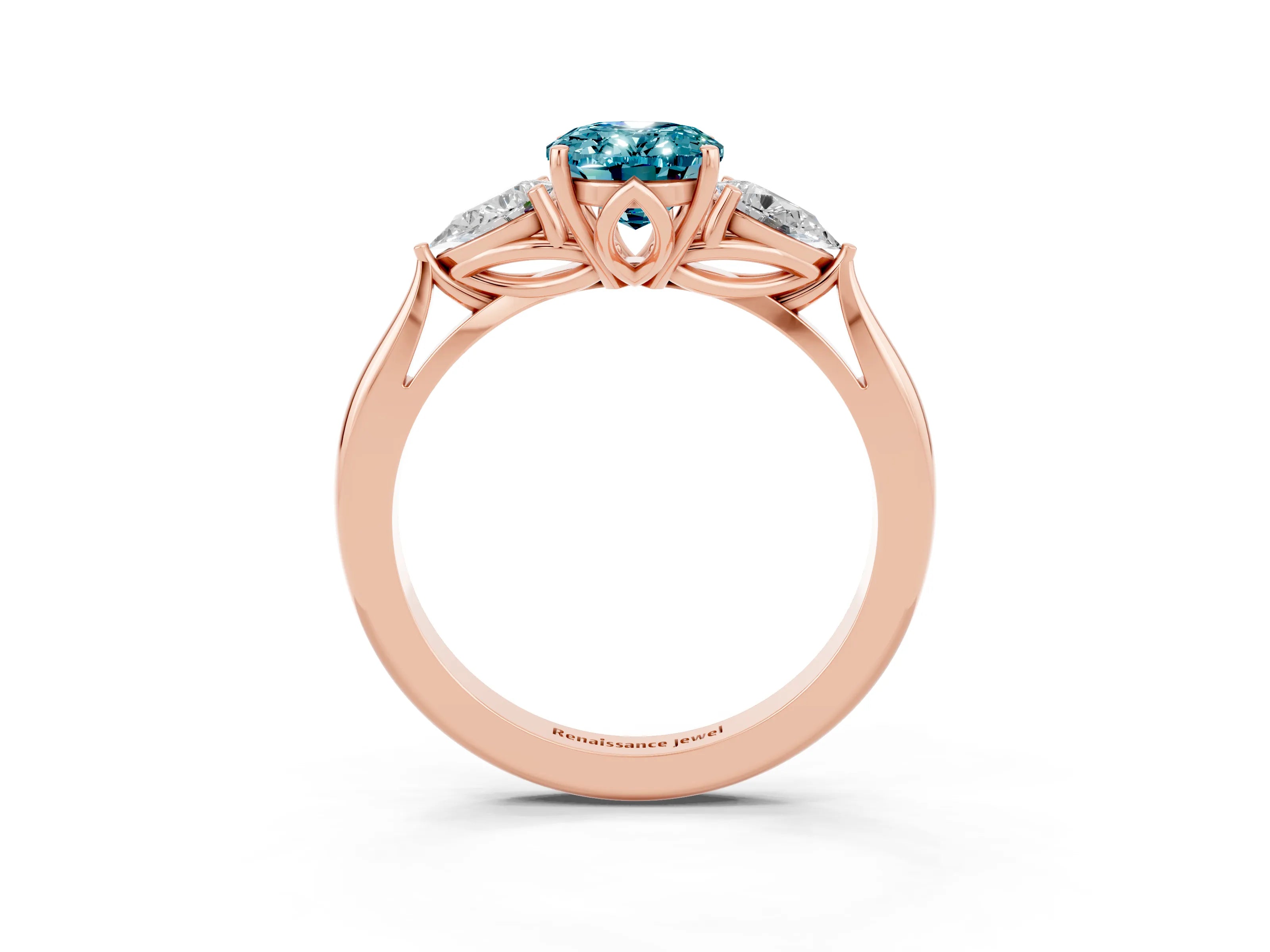 Rose gold Oval Cut Blue Topaz Three-Stone Ring with Pear Side Stones and Four-Prong Setting_15