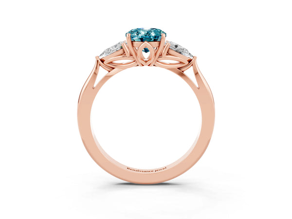 Rose gold Oval Cut Blue Topaz Three-Stone Ring with Pear  Side Stones and Prong Setting