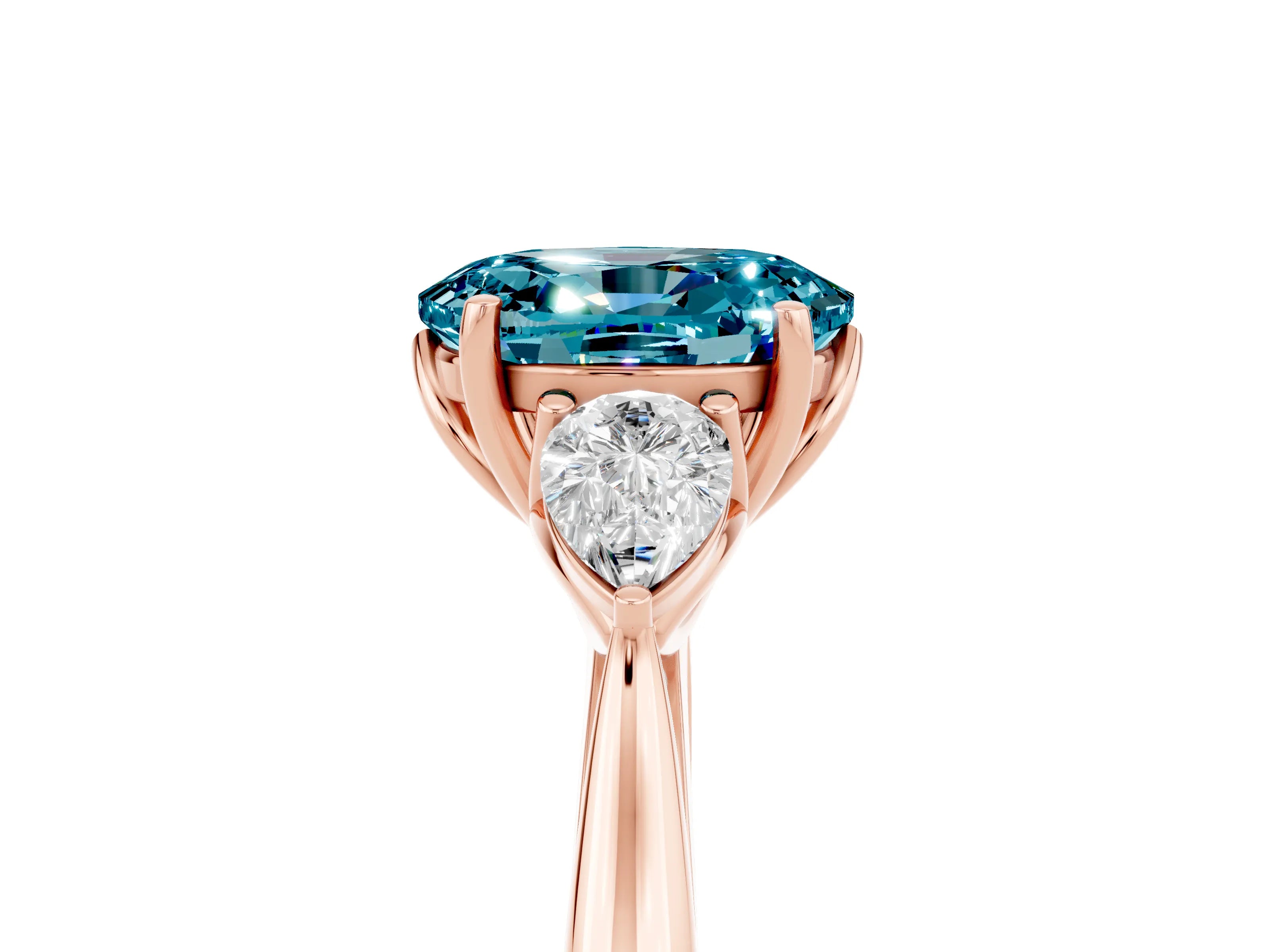 Rose gold Oval Cut Blue Topaz Three-Stone Ring with Pear Side Stones and Four-Prong Setting_17
