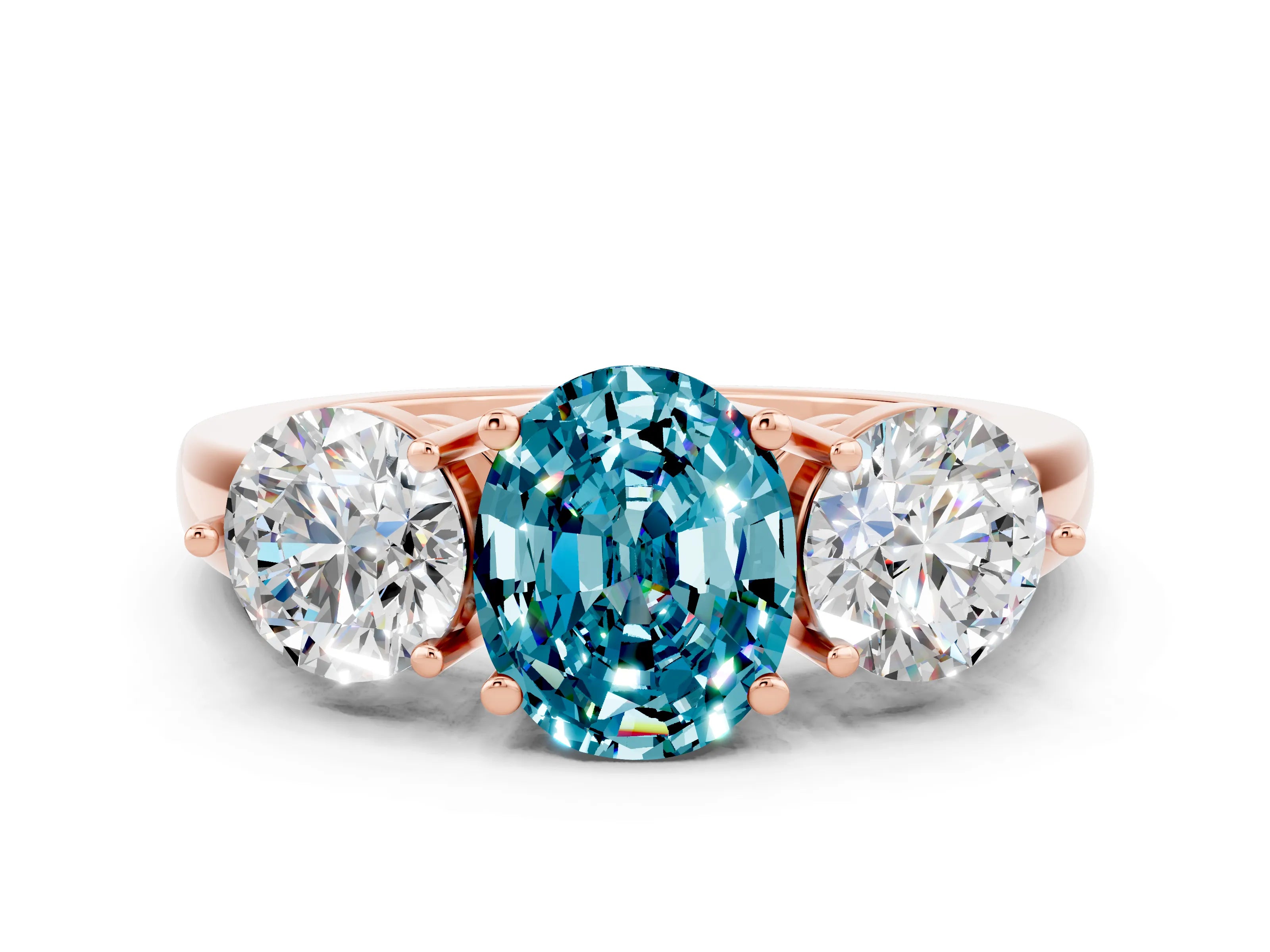 Rose gold Oval Cut Blue Topaz Three-Stone Ring with Prong Setting and Classic Band