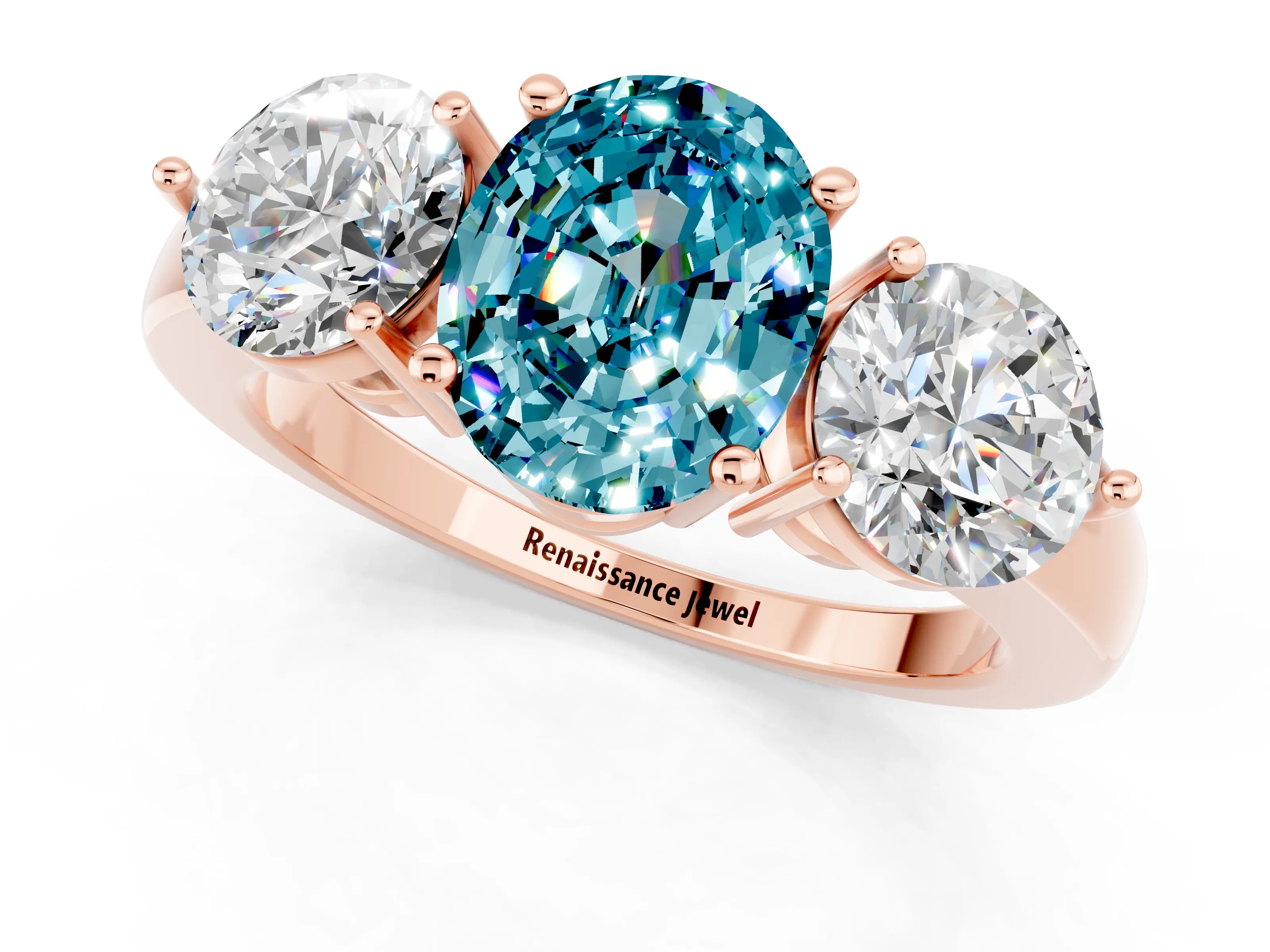 Rose gold Oval Cut Blue Topaz Three-Stone Ring with Prong Setting and Classic Band_1
