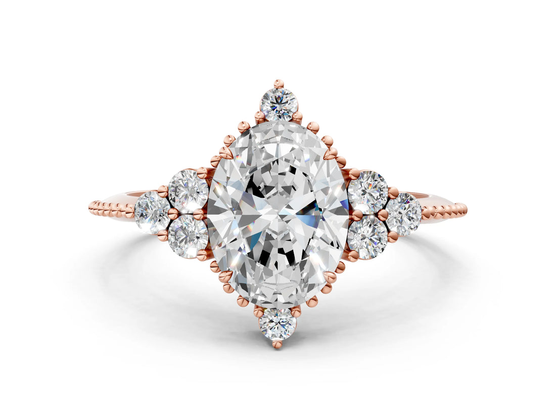 Rose gold Oval Cut Brilliant Diamond with Cluster Setting on a Beaded Band and Four-Prong Setting_15