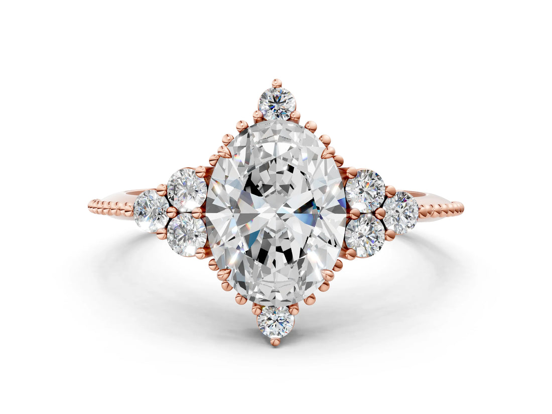 Rose gold Oval Cut Brilliant Diamond with Cluster Setting on a Beaded Band and Four-Prong Setting_3