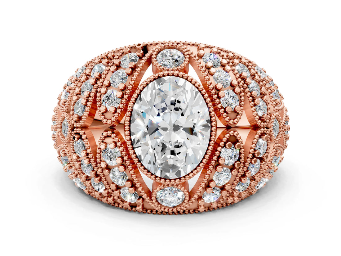 Rose gold Oval Cut Brilliant Halo Pave Diamond Milgrain Ring_9