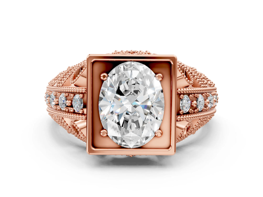 Rose gold Oval Cut Brilliant Milgrain Filigree Diamond Ring with Square Prong Setting_13